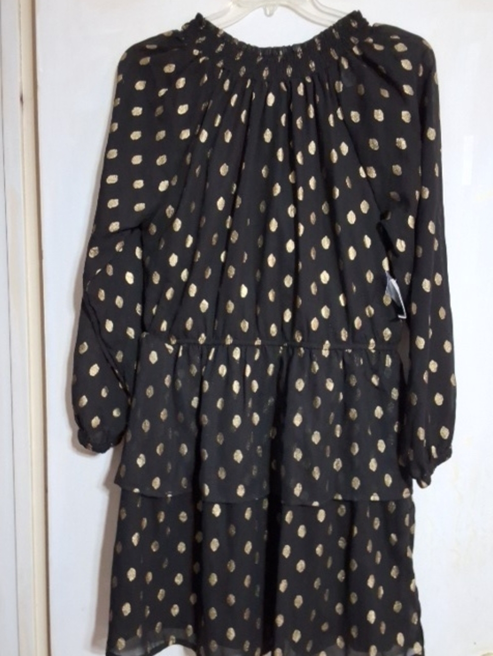 Black Long-Sleeve Tiered Dress with Gold Dot Print XL